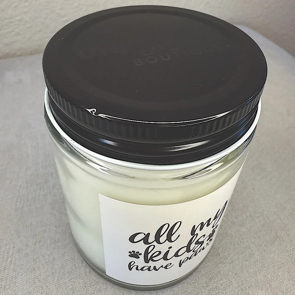 Glass Candle - Peony Petals — “All My Kids Have Paws” - 8oz, Overjoyed Boutique